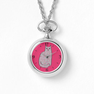 Montre Chat moderne du milieu du siècle, gris et Fuchsia 