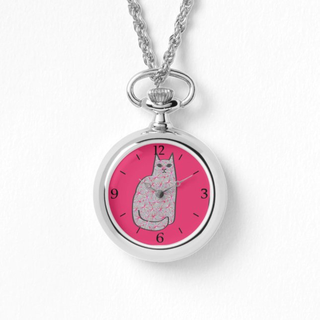 Montre Chat moderne du milieu du siècle, gris et Fuchsia  (Recto)