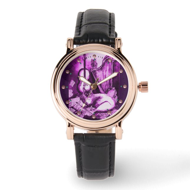 Montre CHAT MUSIQUE AVEC OWL, Blanc violet (Recto)