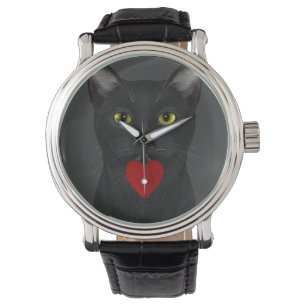 Montre Chat noir au coeur rouge