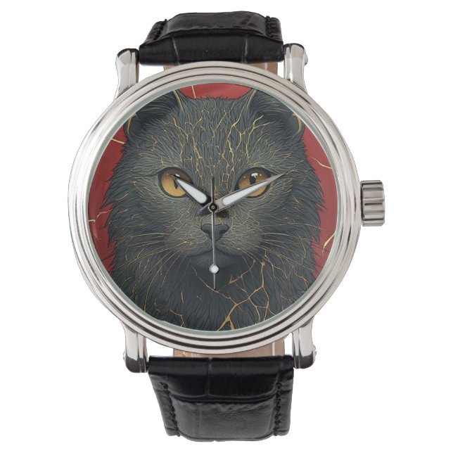 Montre Chat Noir Avec Accent De Fissures Kintsugi Dorées  (devant)