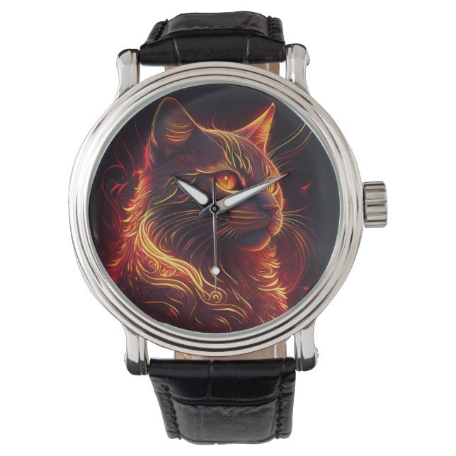 Montre Chat noir avec feu rouge et or Aura (devant)