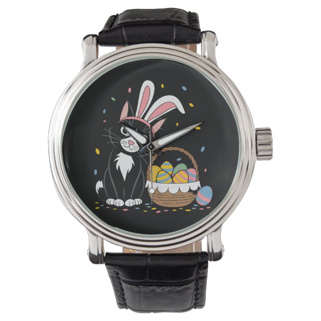 Montre Chat noir de Pâques Tuxedo Lapin Lapin Oreilles OE (devant)