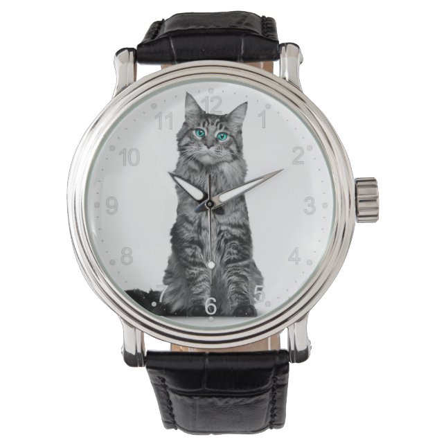 Montre Chat noir et blanc aux yeux verts (devant)