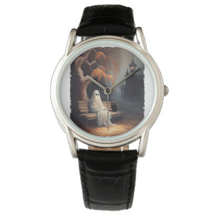 Montre Chat Noir Et Fantôme Assis Sur Le Banc Halloween D