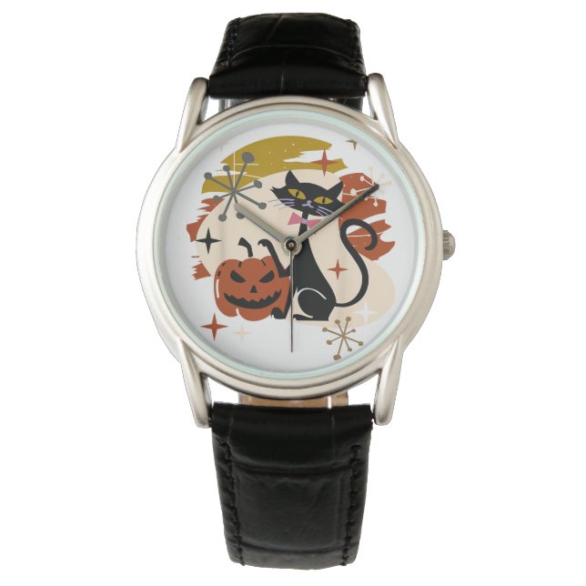 Montre Chat noir et Halloween rétro atomique Citrouille (devant)