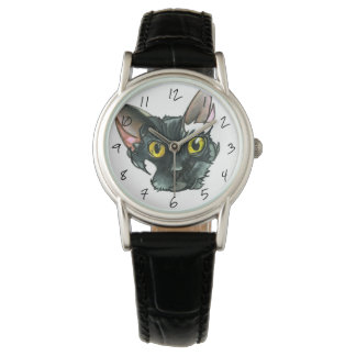Montre Chat noir femme bracelet en cuir noir