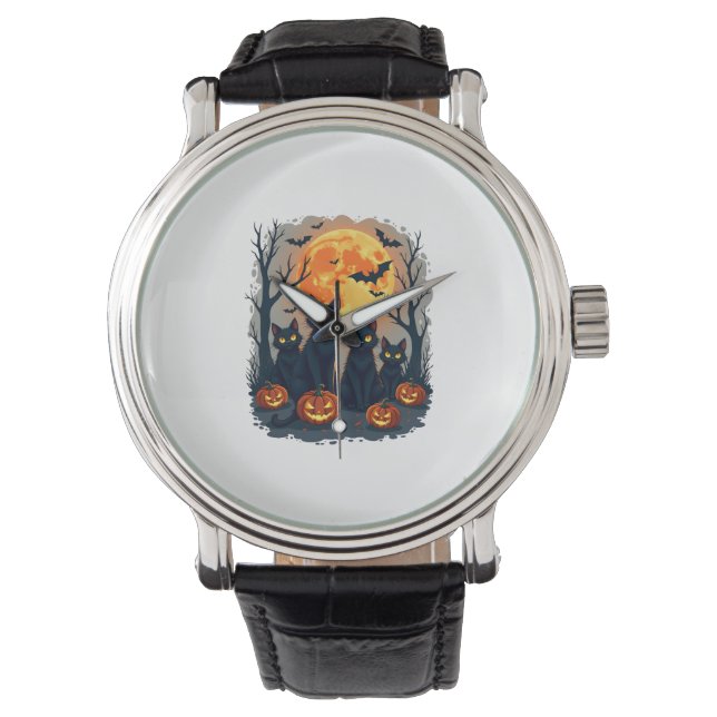 Montre Chat Noir Rétro Halloween Costume Citrouille Pour  (devant)
