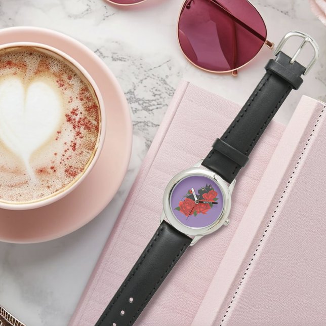 Montre Chat noir Roses rouges pourpres (Créateur téléchargé)