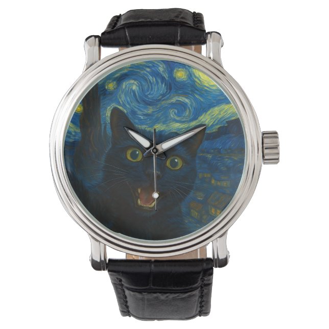 Montre Chat noir Starry Nuit Van Gogh Chat Selfie (devant)