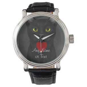 Montre Chat noir - Texte personnalisable