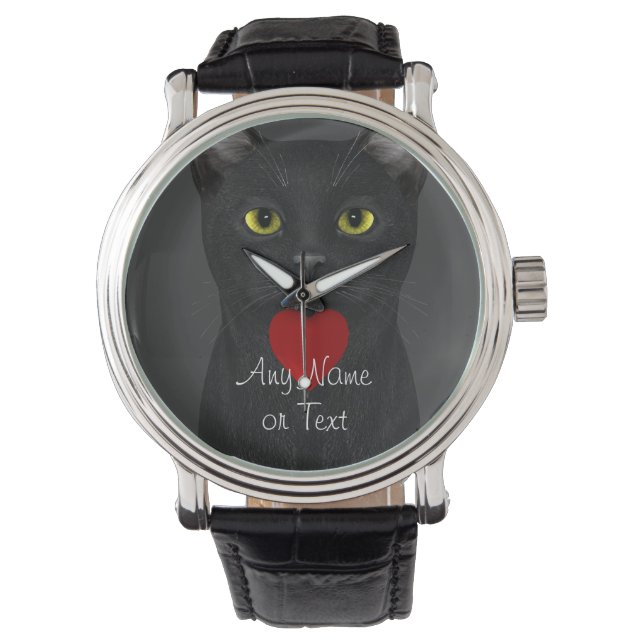 Montre Chat noir - Texte personnalisable (devant)