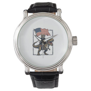 Montre Chat Patriotique à Cheval sur un Dinosaure Design