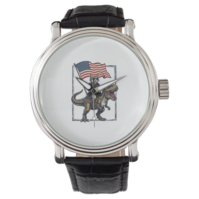 Montre Chat Patriotique à Cheval sur un Dinosaure Design  (devant)