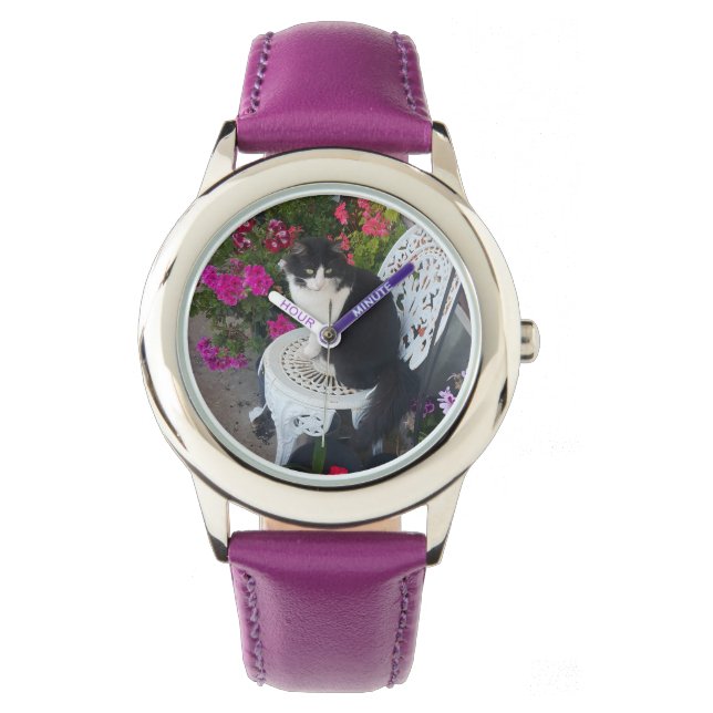 Montre Chat smoking marron foncé rose foncé chats et fleu (devant)