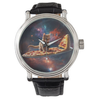 Montre Chat surfant une pizza dans le cosmos