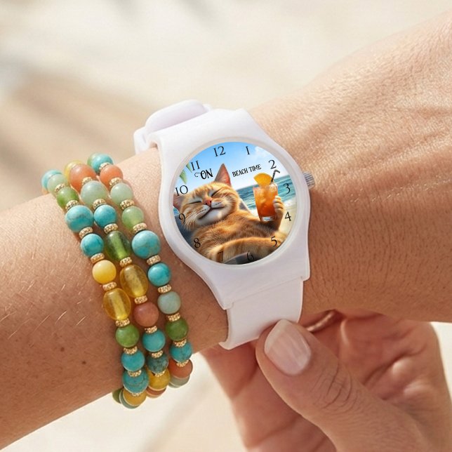 Montre Chaton sur la Plage Soleil d'Été (Watch featuring a colorful painting of a kitty enjoying a drink on the beach.)