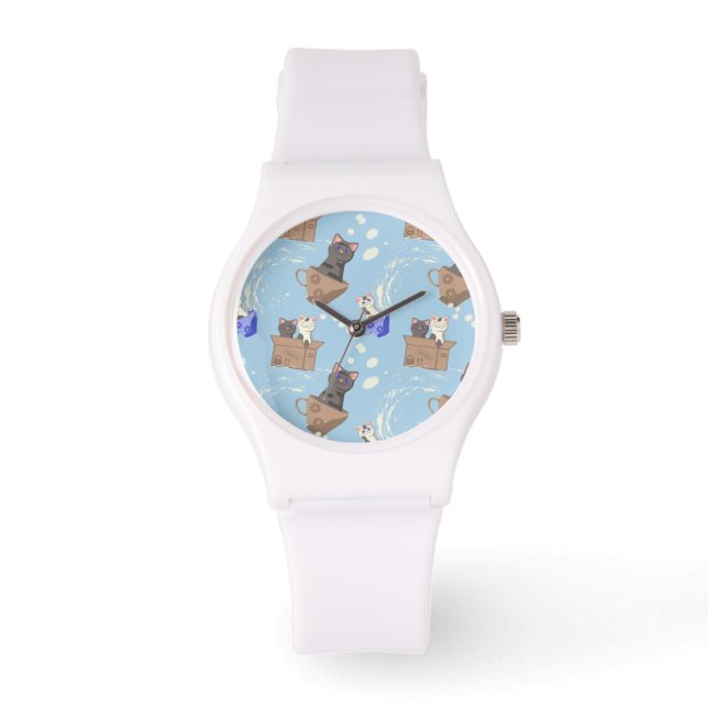 Montre Chats en boîte et gouttes de lait sur bleu (Recto)