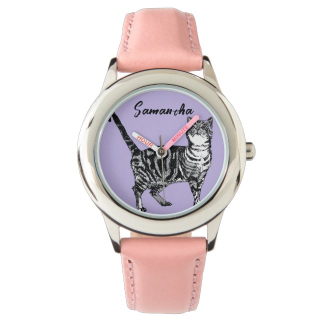 Montre Chatte tigrée noire et blanche Nom Violet  (devant)