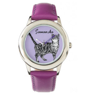 Montre Chatte tigrée noire et blanche Nom Violet