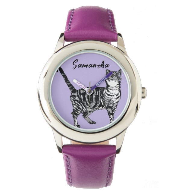 Montre Chatte tigrée noire et blanche Nom Violet  (devant)