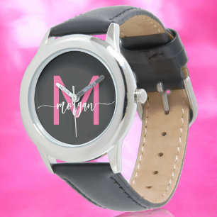 Montre Chaud rose noir moderne Script Girls Monogramme No