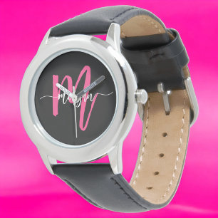 Montre Chaud rose noir moderne Script Girls Monogramme No