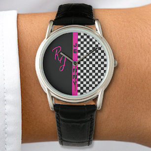 Montre Checkerboard Racing Indicateur Ligne rose Nom pers