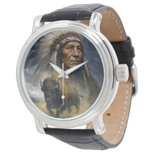 Montre Chef amérindien avec un buffle chargeant