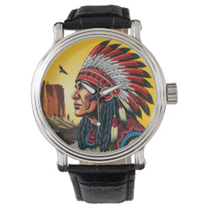 Montre Chef amérindien sur paysage sauvage coucher de sol