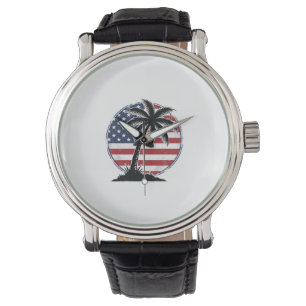 Montre Chemise d'été Drapeau Américain Palmier Vintage_1