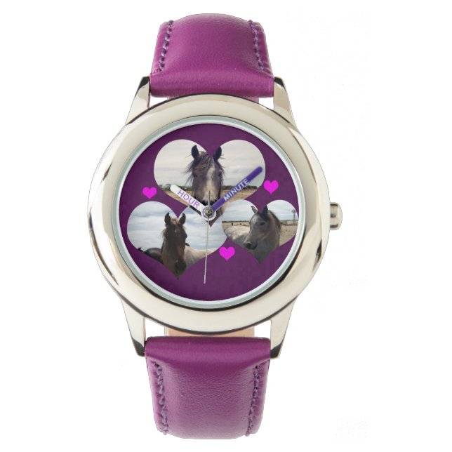 Montre Cheval Arabe Violet Coeurs, Filles Bows Watch, (devant)