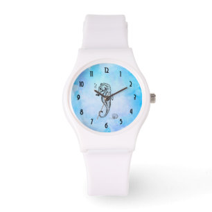 Montre Cheval de mer et coquillage sur l'aquarelle bleue