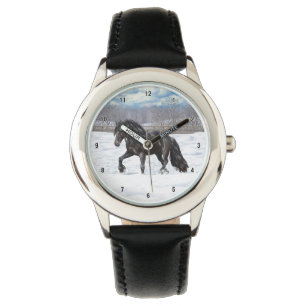 Montre Cheval Noir Friésien En Neige
