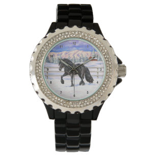 Montre Cheval Noir Friésien En Neige