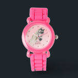 Montre Cheval portrait poney filles regarder les enfants<br><div class="desc">Portrait de cheval cowgirl équestre nom personnalisé enfants montre,  cheval amoureux cadeau,  cadeau pour les filles,  portrait de cheval blanc,  pastel rose arrière - plan</div>