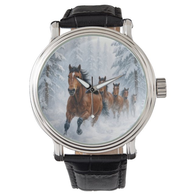 Montre Chevaux courant à travers une forêt enneigée (devant)