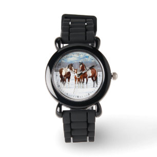 Montre Chevaux De Peinture De Baie Pinto En Neige D'Hiver