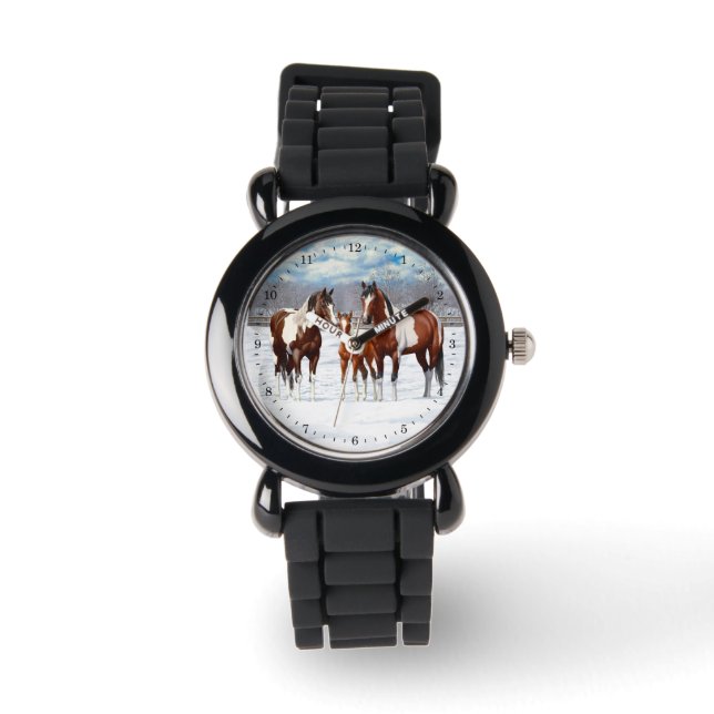 Montre Chevaux De Peinture De Baie Pinto En Neige D'Hiver (Recto)