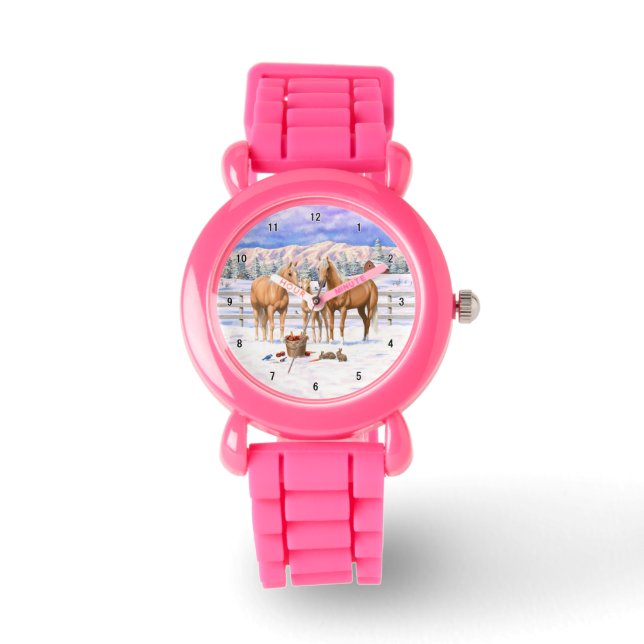 Montre Chevaux Du Quartier Palomino En Neige (Recto)