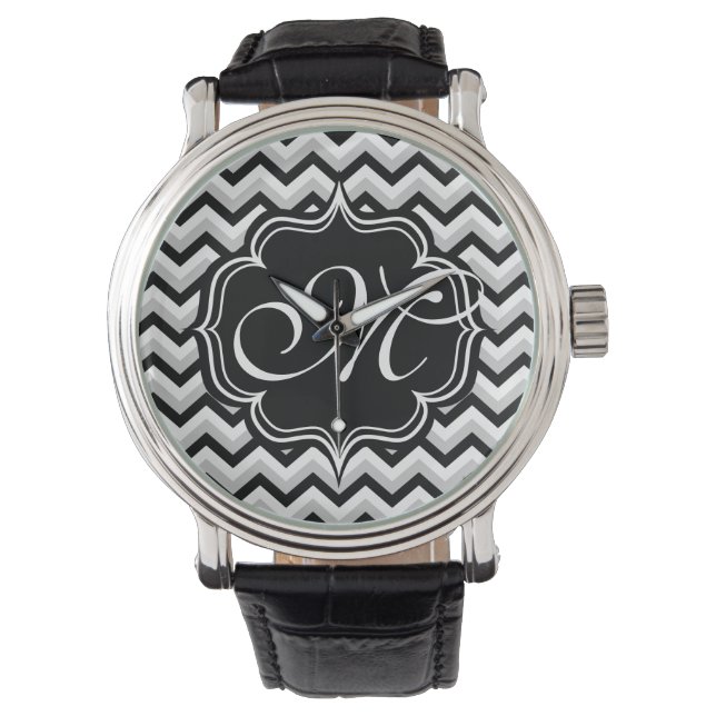 Montre Chevron moderne noir et blanc ZigZag Monogramme (devant)