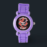 Montre Chibi Harley Quinn Splits<br><div class="desc">Regardez Chibi Harley Quinn alors qu'elle fait les éclaboussures devant une toile de fond en losange à pois rouges avec son nom écrit autour d'elle.</div>