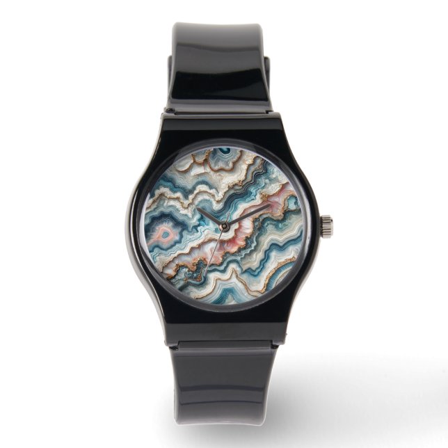 Montre Chic noir Turquoise bleu bleu rose Motif en marbre (Recto)