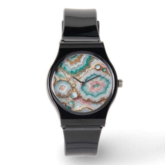 Montre Chic noir Turquoise bleu bleu rose Motif en marbre (Recto)