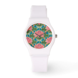 Montre Chic Pink Water Lys and Dragonflies Wristwatch