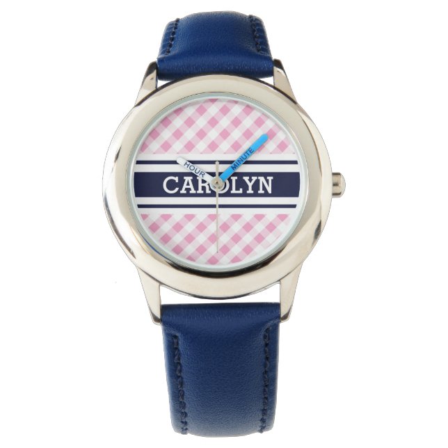 Montre chic preppy rose marine en vichy motif monogramme (devant)