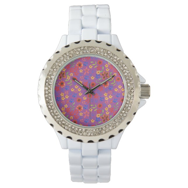 Montre Chic Retro Floral Impression sur Magenta Wrist Wat (devant)