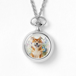 Montre Chien Akita Shiba Inu avec Fleurs Aquarelles Bleue