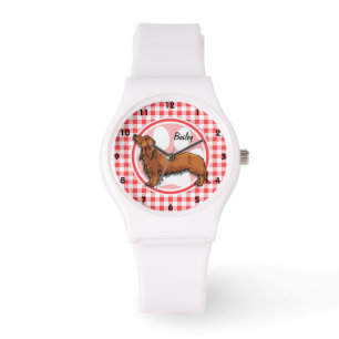 Montre Chien blanc; En vichy rouge et blanc