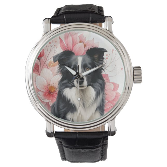 Montre Chien Border Collie et lis roses gras (devant)